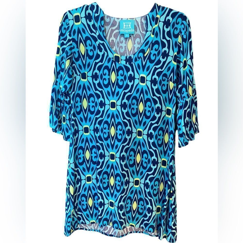 Escapada Sz S Blue Turquoise Geometric Pattern Bell 3/4 Sleeves Sheath Dress